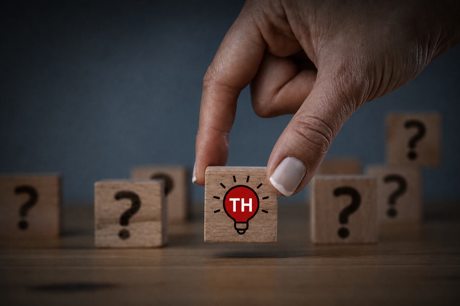 A hand choosing a solution represented by an illuminated idea block among question-mark blocks